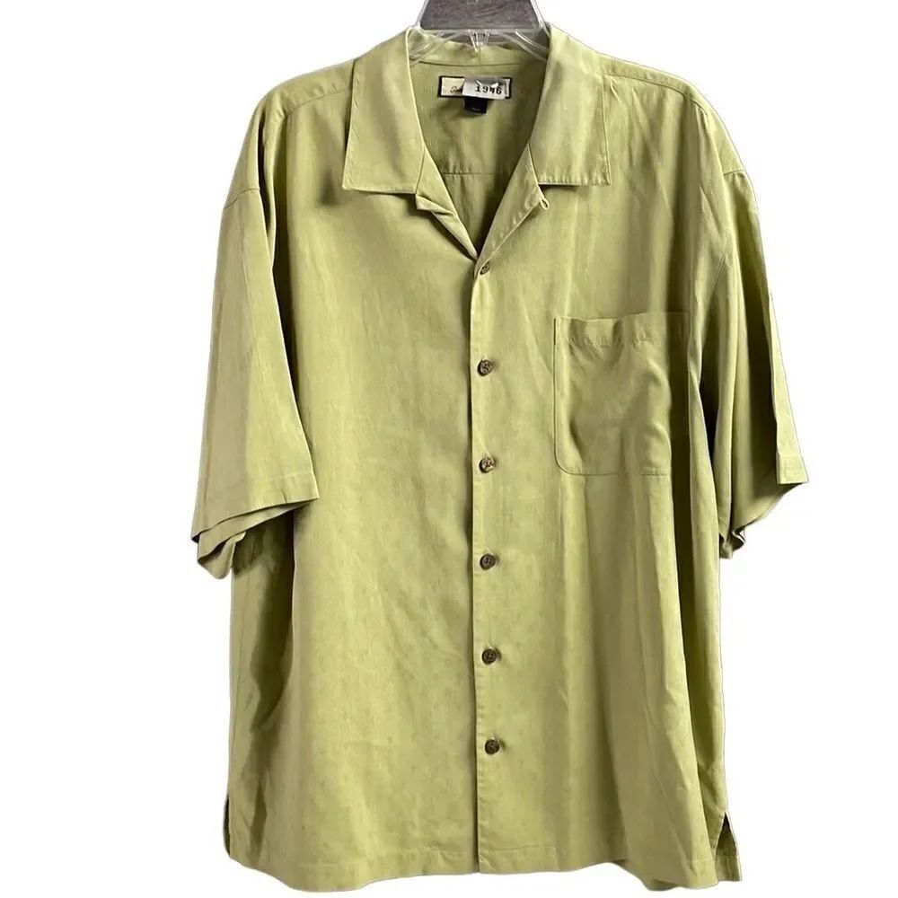 TOMMY BAHAMA Silk Green Short Sleeve Collared Button Down Shirt Sz Large Flawed